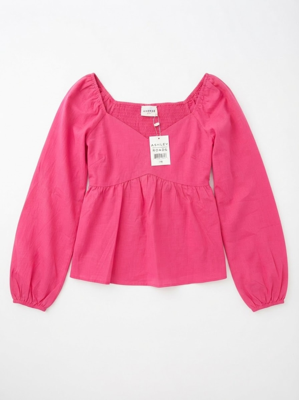 Andrée by Unit Hot Pink Smocked Back Peplum Long Sleeve Top NWT Size M